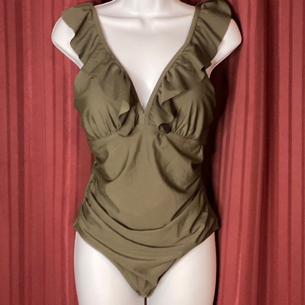 Charmo Ruffle V-Neck Olive One-Piece Swimsuit - Women Swim Sz med nwt